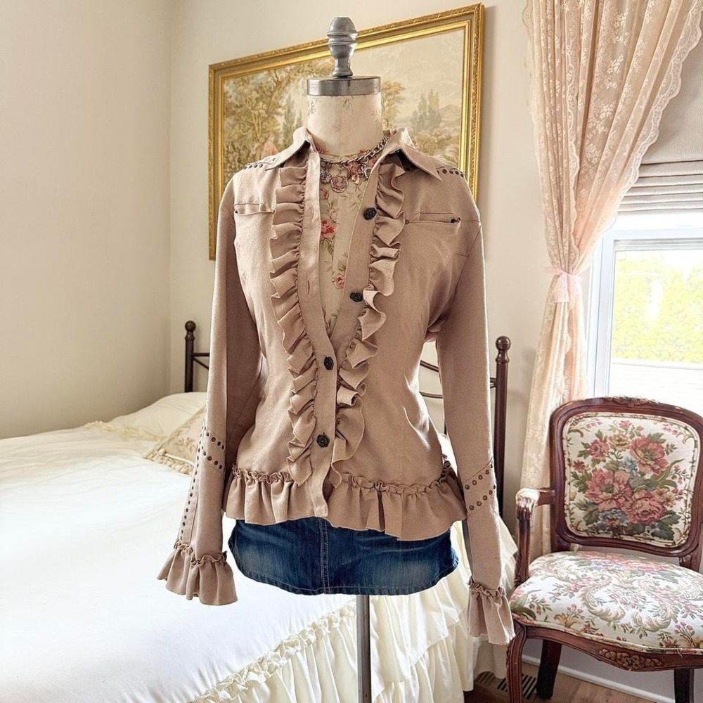 Ruffle Victorian style jacket Top  Y2K Bleu Bayou large ruffle front button top